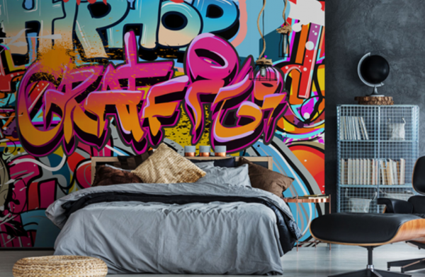 Dinding dengan wallpaper graffiti digital